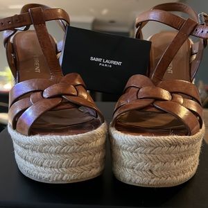 Saint Laurent Tribute 85 Leather Espadrille Wedge Sandal